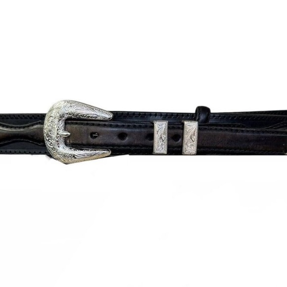 Tony Lama Ranger Style Western Black Belt  Braided Silver Buckle SZ  38 7733L - Picture 1 of 4